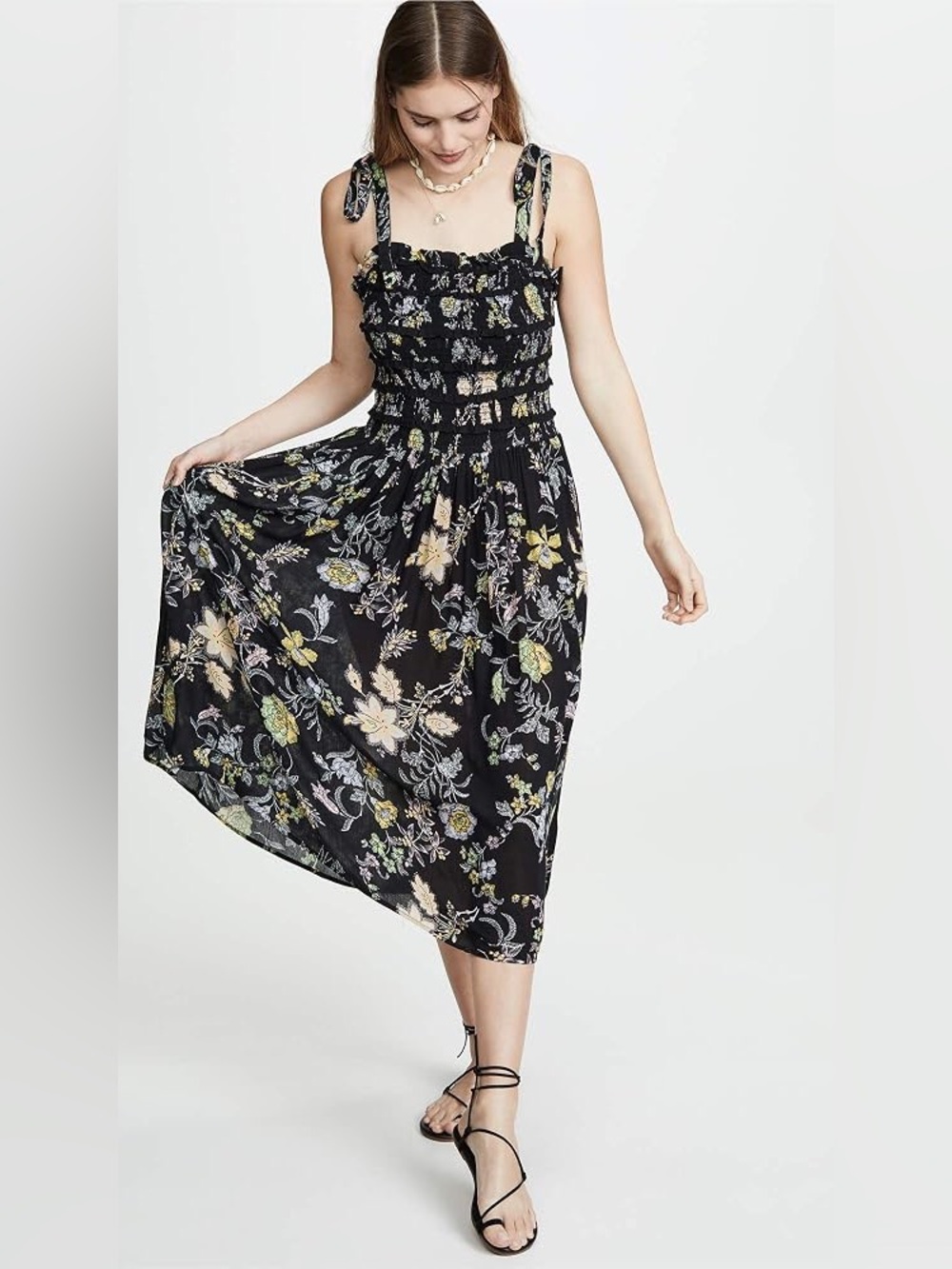 Free People Black Floral Smocked Isla Midi Dress Sz L Bohemian Chic Girly Fairy